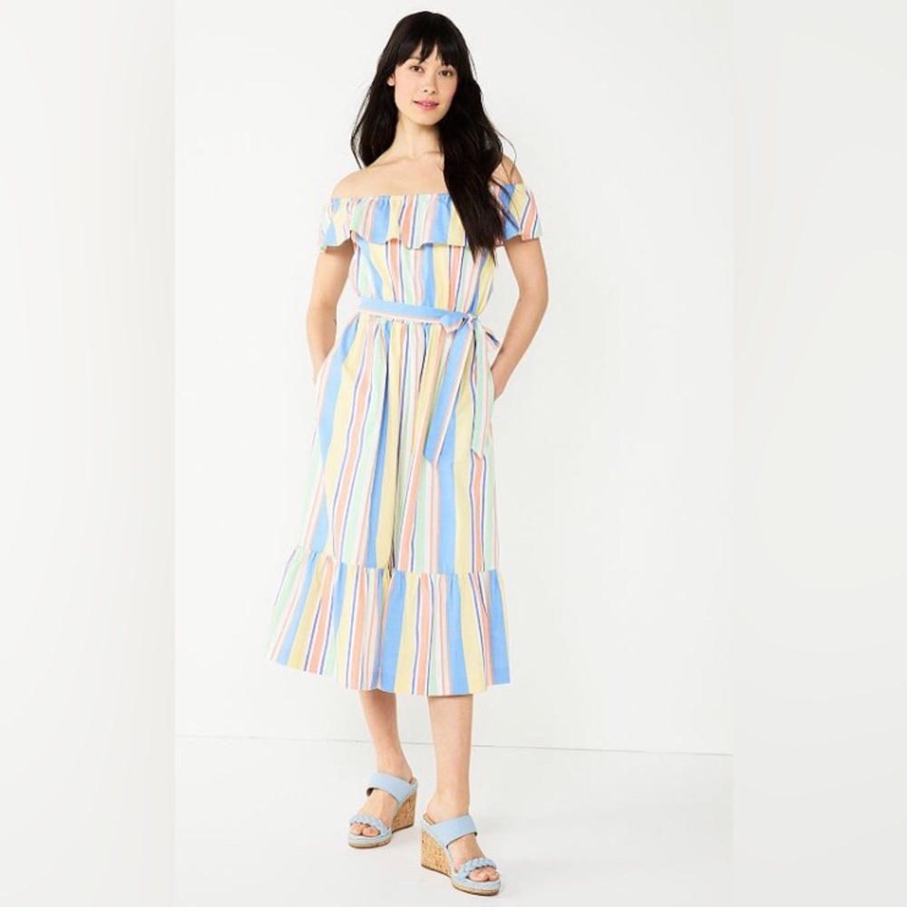 NEW DRAPER JAMES RSVP Off Shoulder Ruffle Sleeve Midi Dress Medium